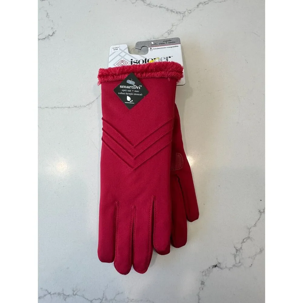 NWT Isotoner Lined Water Repellent Chevron Gloves Chili Pepper Red Size S / M
